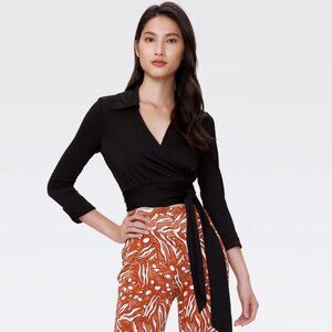 DVF Wrap-Look Jersey Top Lightweight Soft Knit Rayon in Black Womens SM